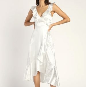 Lulus Gorgeous Glow White Satin Floral Jacquard Faux-Wrap Midi Dress Size XL